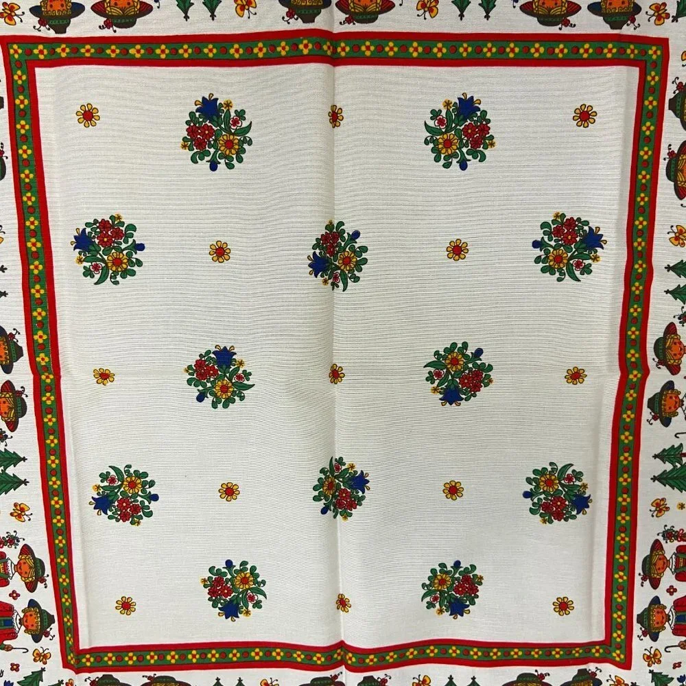 NWOT Vintage Tablecloth Austrian German Folk Art Green Red Square Bright Festive